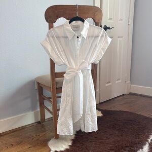 White Button-Up Tie-Waist Shirt Dress
